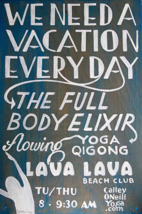 Yoga teacher, Calley O'Neill on the Big Island of Hawaii teaches seaside yoga at Lava Lava Beach Club, Waikoloa Beach Resort